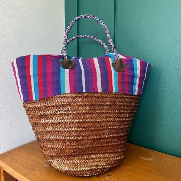 African Beaded Straw Bag Scarf Fringe Closure - Picture 4 of 16